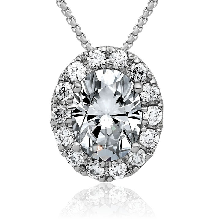 14K Solid White Gold Oval Round Halo Moissanite Floating Chain Slide Pendant Necklace Charm