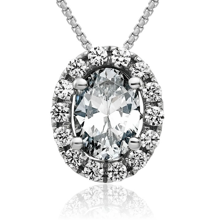 14K Solid White Gold Oval Round Halo Moissanite Floating Chain Slide Pendant Necklace Charm