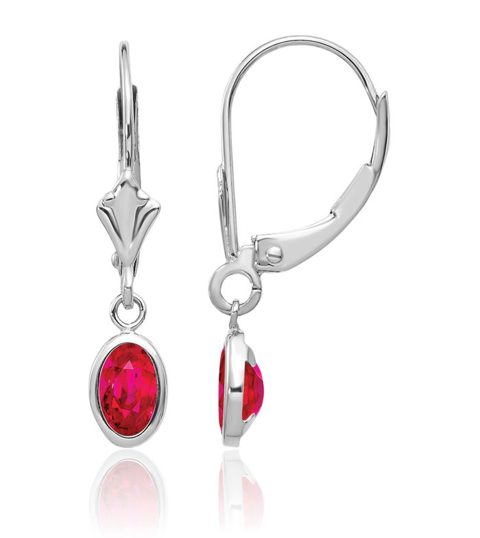 14K Solid White Gold Oval Red Ruby Drop Dangle Earrings July Birthstone Jewelry