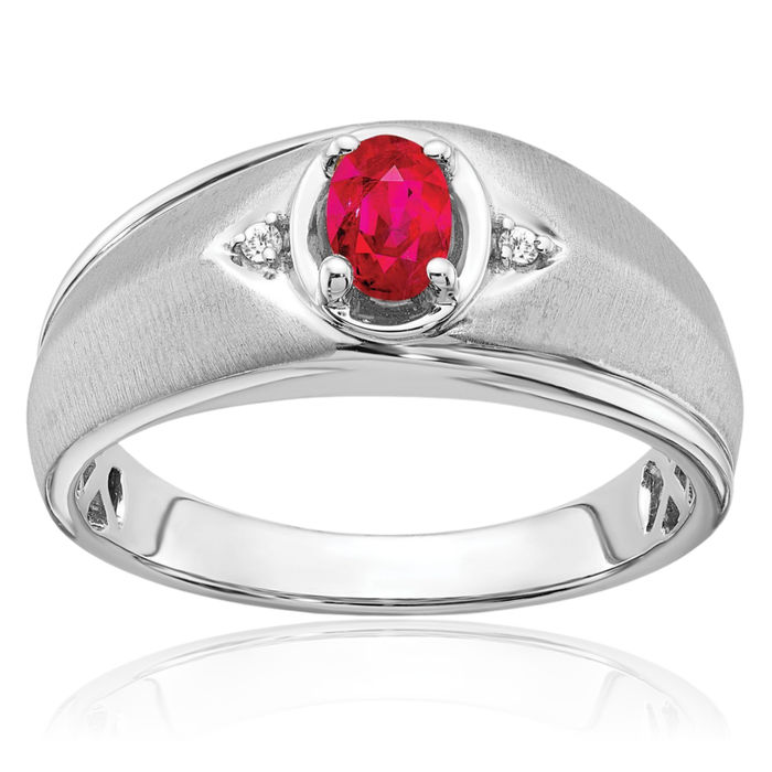 14K Solid White Gold Oval Red Ruby Diamond Mens Ring