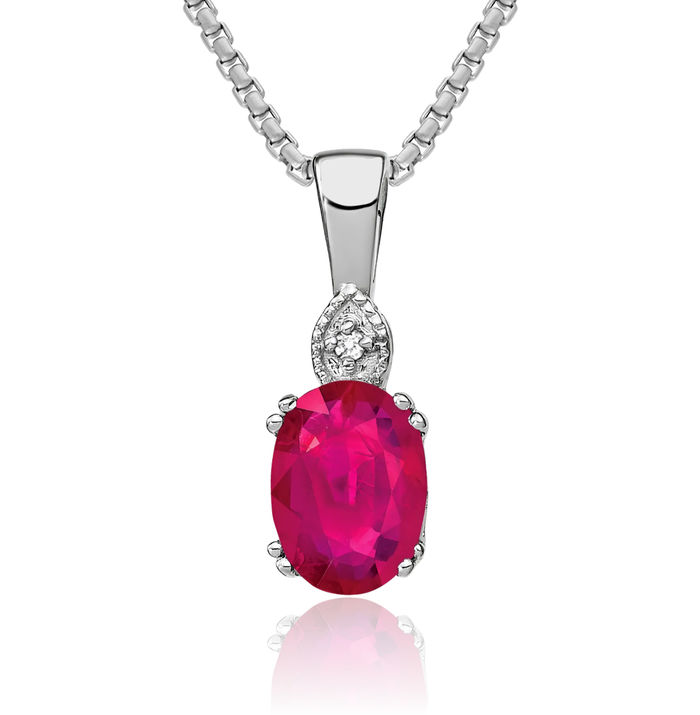 14K Solid White Gold Oval Red Ruby Diamond Necklace Charm Gemstone Pendant