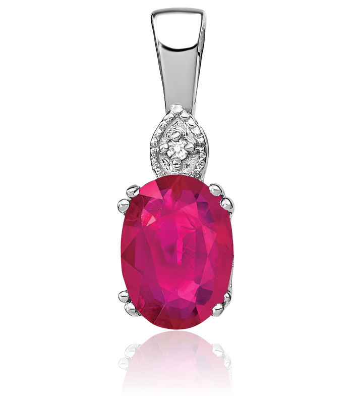 14K Solid White Gold Oval Red Ruby Diamond Necklace Charm Gemstone Pendant