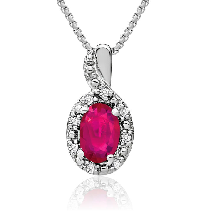 14K Solid White Gold Oval Red Ruby Diamond Necklace Charm Gemstone Pendant