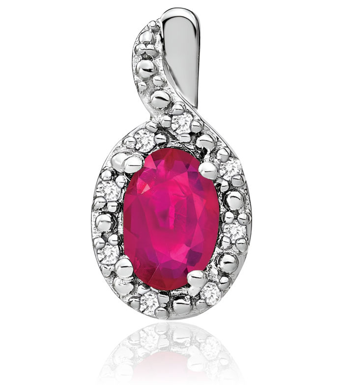 14K Solid White Gold Oval Red Ruby Diamond Necklace Charm Gemstone Pendant