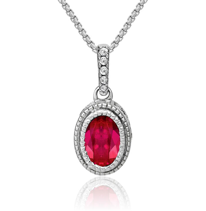 14K Solid White Gold Oval Red Ruby Diamond Necklace Charm Gemstone Pendant