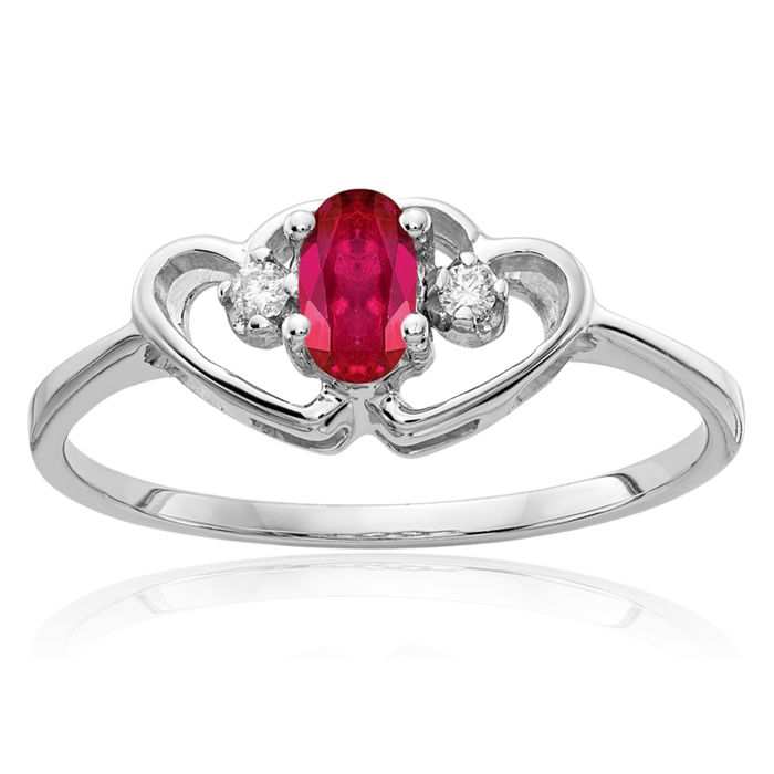 14K Solid White Gold Oval Red Ruby Diamond Ring Gemstone Band July Birthstone Jewelry