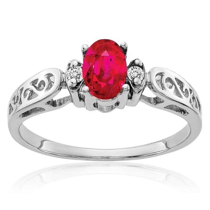 14K Solid White Gold Oval Red Ruby Diamond Ring Gemstone Band July Birthstone Jewelry
