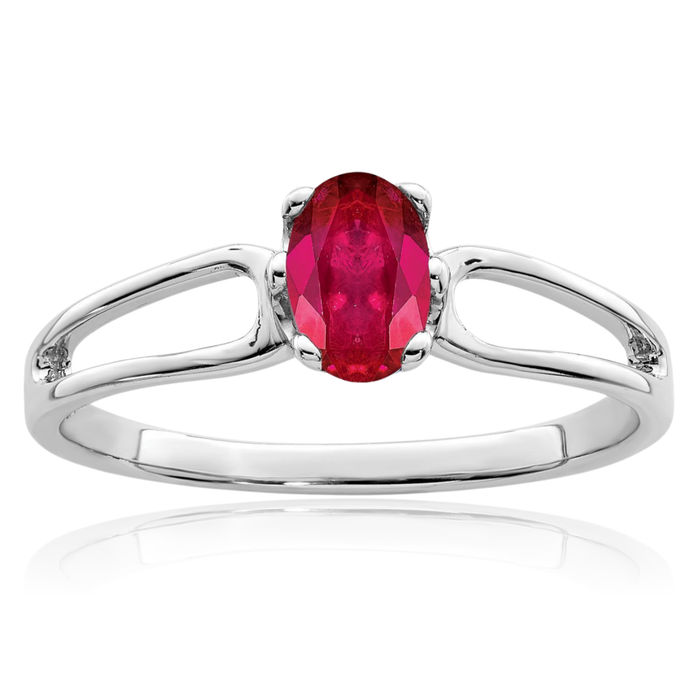 14K Solid White Gold Oval Red Ruby Ring Gemstone Band July Birthstone Jewelry