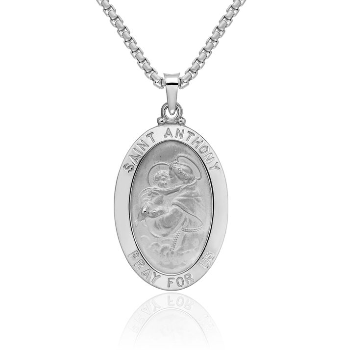 14K Solid White Gold Oval Saint Anthony Medal Necklace Chain Pendant Charm