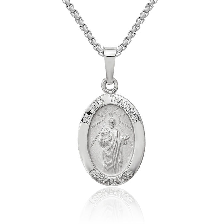 14K Solid White Gold Oval San Judas Tadeo St Jude Patron Saint Thaddeus Medal Necklace Chain Pendant Charm