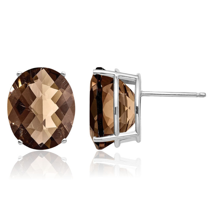 14K Solid White Gold Oval Checker Cut Brown Smoky Quartz Studs Gemstone Solitaire Earrings June Birthstone Jewelry