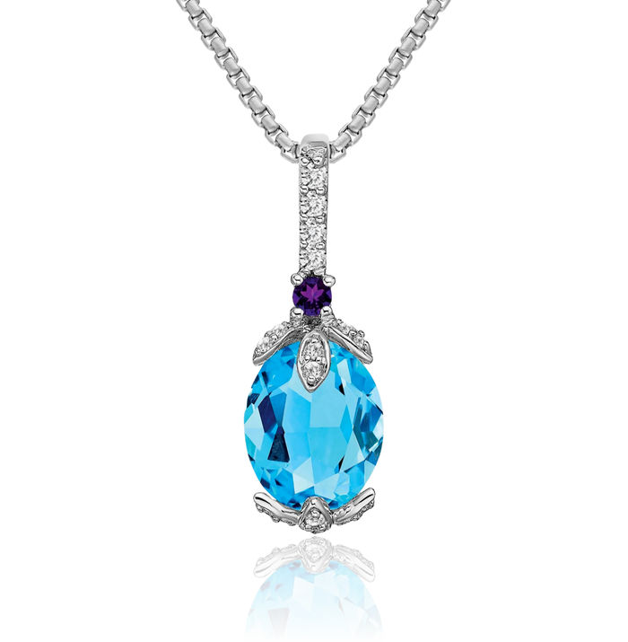 14K Solid White Gold Oval Swiss Blue Topaz Purple Amethyst Diamond Necklace Charm Gemstone Pendant