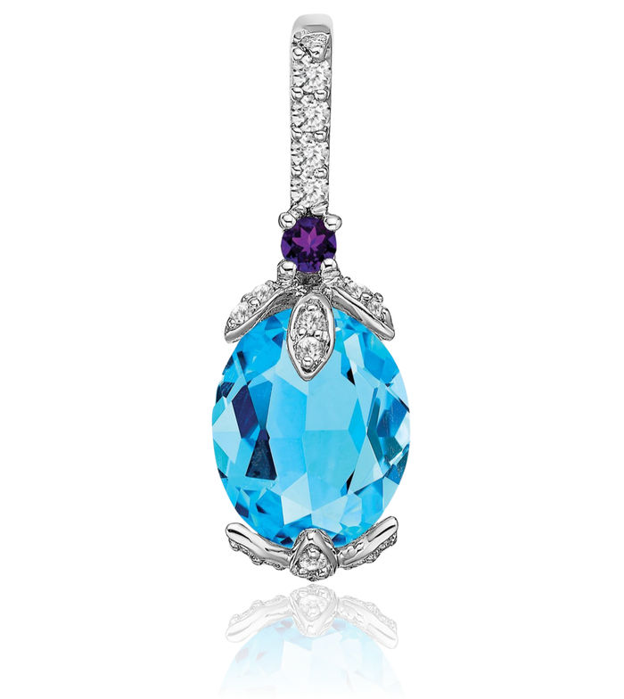 14K Solid White Gold Oval Swiss Blue Topaz Purple Amethyst Diamond Necklace Charm Gemstone Pendant