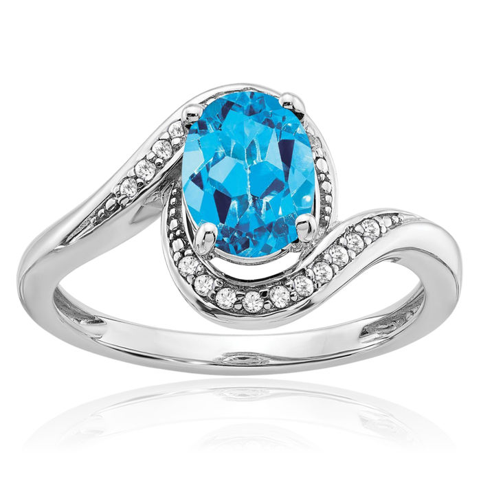 14K Solid White Gold Oval Swiss Blue Topaz Diamond Bypass Ring Gemstone Band December Birthstone Jewelry