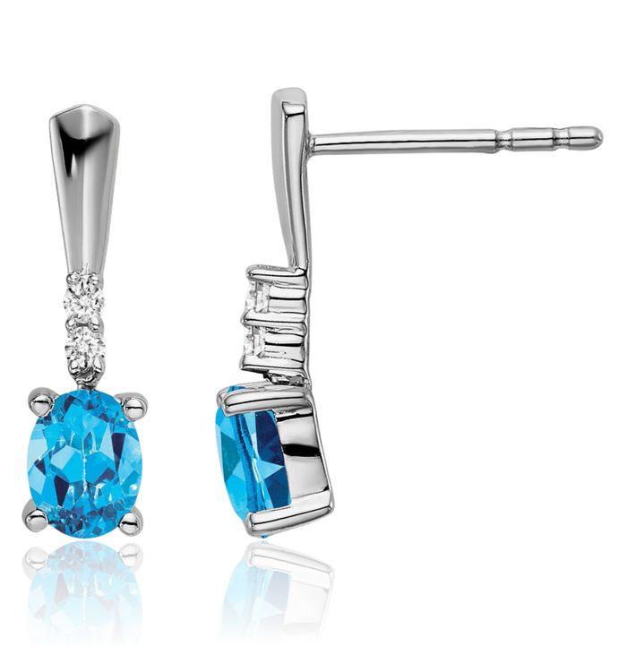 14K Solid White Gold Oval Swiss Blue Topaz Diamond Drop Dangle Earrings December Birthstone Jewelry