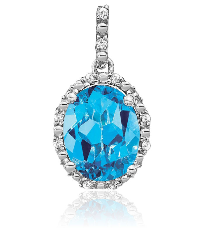 14K Solid White Gold Oval Swiss Blue Topaz Diamond Halo Necklace Charm Gemstone Pendant