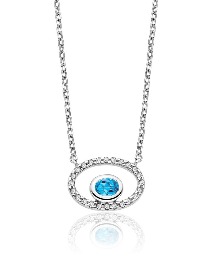 14K Solid White Gold Oval Swiss Blue Topaz Diamond Necklace Chain Gemstone Pendant Charm