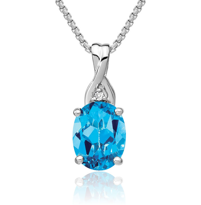 14K Solid White Gold Oval Swiss Blue Topaz Diamond Necklace Charm Gemstone Pendant