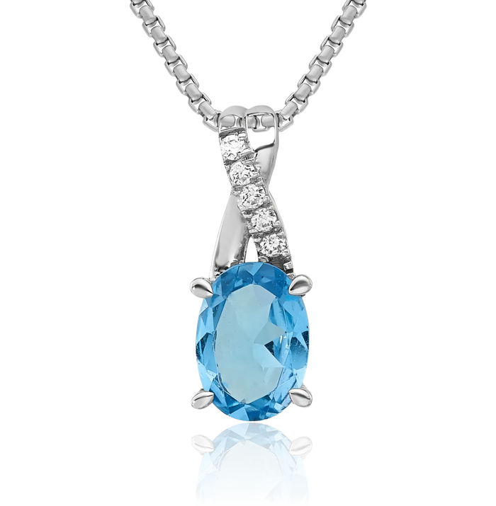 14K Solid White Gold Oval Swiss Blue Topaz Diamond Necklace Charm Gemstone Pendant