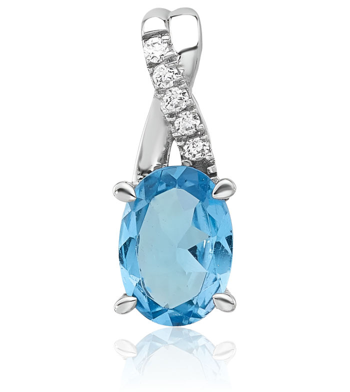 14K Solid White Gold Oval Swiss Blue Topaz Diamond Necklace Charm Gemstone Pendant