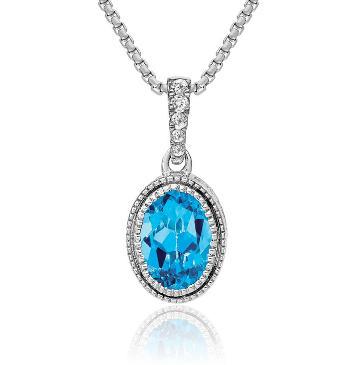 14K Solid White Gold Oval Swiss Blue Topaz Diamond Necklace Charm Gemstone Pendant