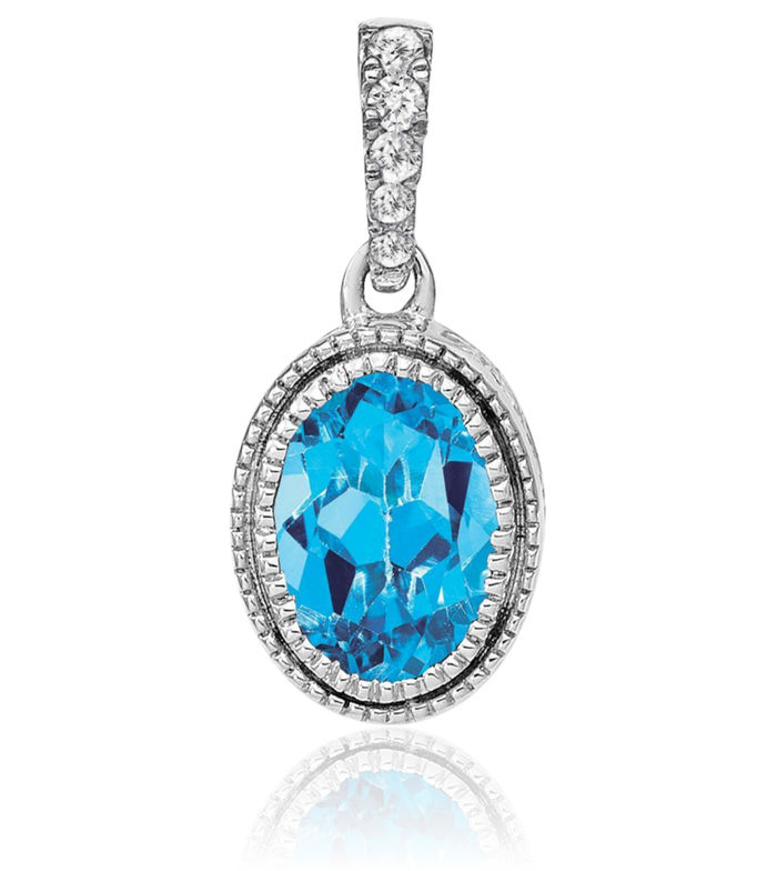 14K Solid White Gold Oval Swiss Blue Topaz Diamond Necklace Charm Gemstone Pendant