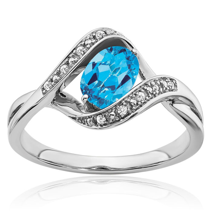 14K Solid White Gold Oval Swiss Blue Topaz Diamond Ring Gemstone Band December Birthstone Jewelry