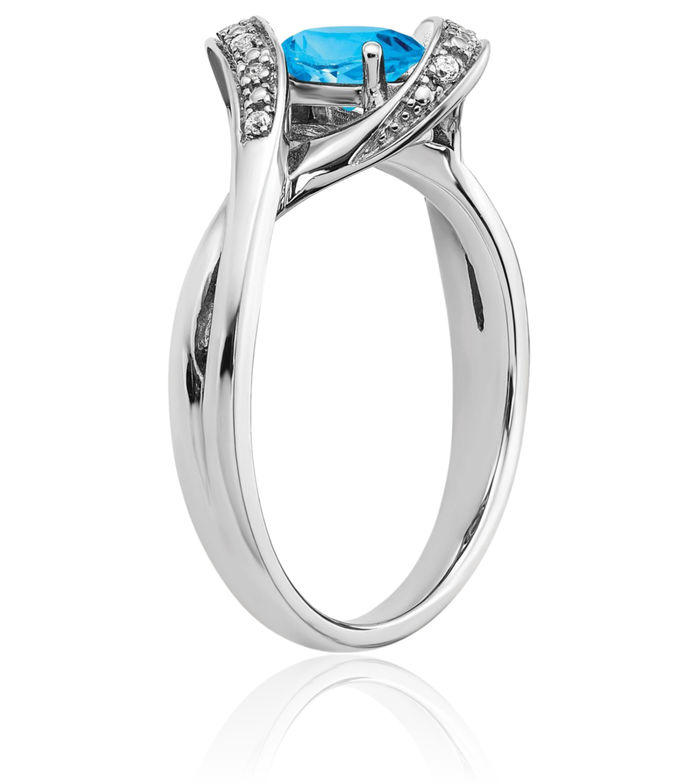 14K Solid White Gold Oval Swiss Blue Topaz Diamond Ring Gemstone Band December Birthstone Jewelry