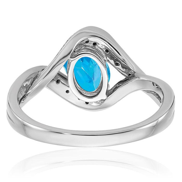 14K Solid White Gold Oval Swiss Blue Topaz Diamond Ring Gemstone Band December Birthstone Jewelry