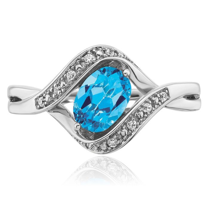 14K Solid White Gold Oval Swiss Blue Topaz Diamond Ring Gemstone Band December Birthstone Jewelry