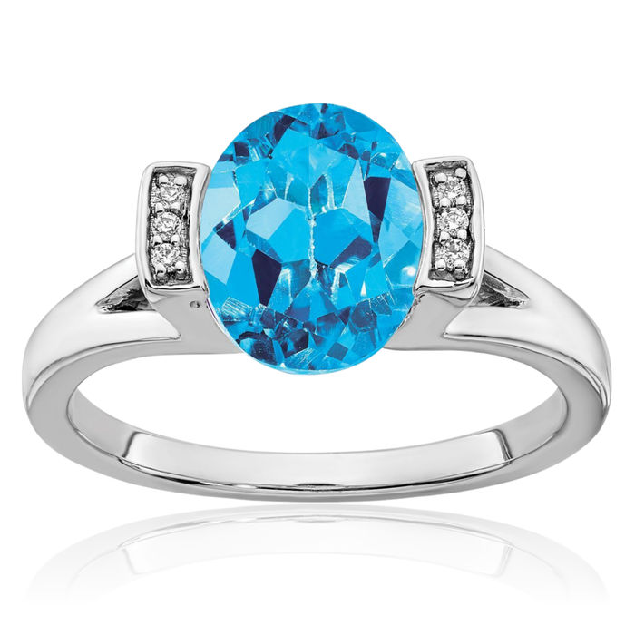 14K Solid White Gold Oval Swiss Blue Topaz Diamond Ring Gemstone Band December Birthstone Jewelry