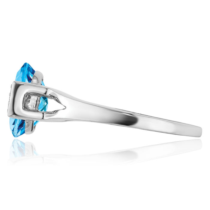 14K Solid White Gold Oval Swiss Blue Topaz Diamond Ring Gemstone Band December Birthstone Jewelry