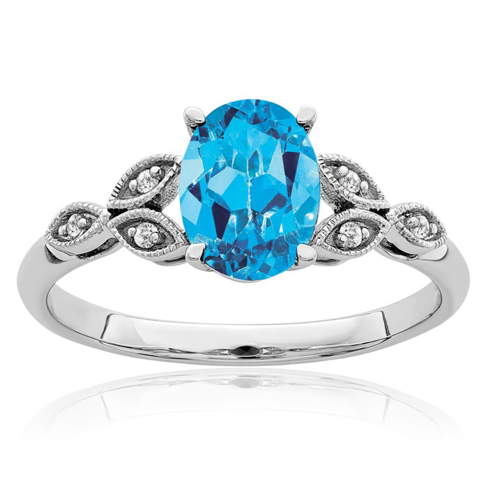 14K Solid White Gold Oval Swiss Blue Topaz Diamond Ring Gemstone Band December Birthstone Jewelry