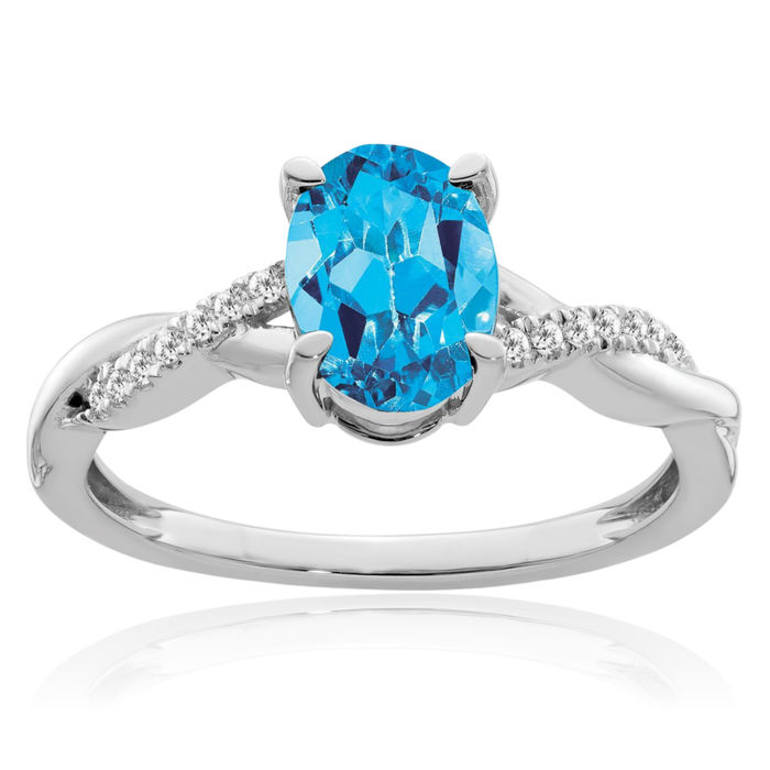 14K Solid White Gold Oval Swiss Blue Topaz Diamond Ring Gemstone Band December Birthstone Jewelry