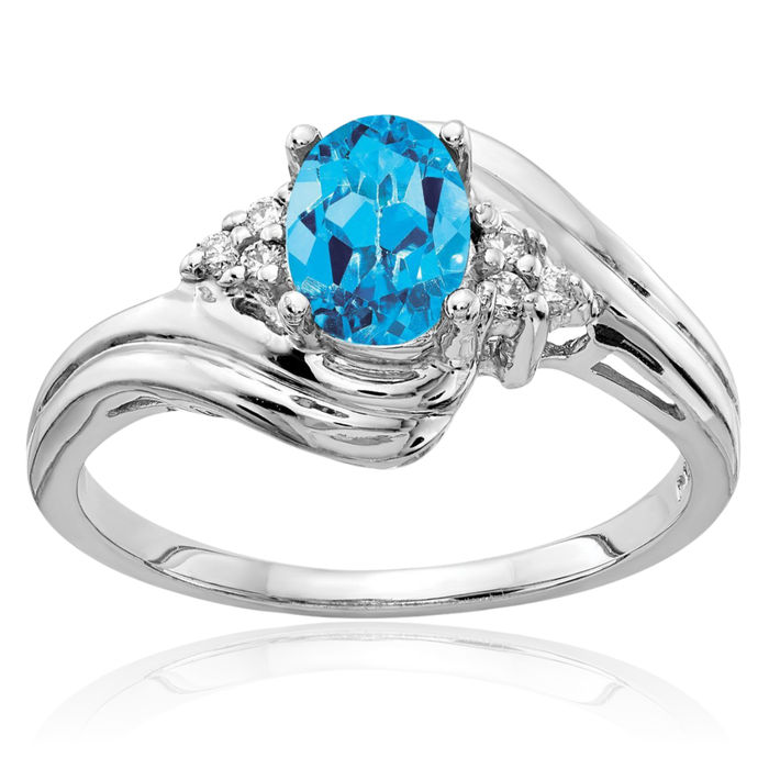 14K Solid White Gold Oval Swiss Blue Topaz Diamond Ring Gemstone Band December Birthstone Jewelry