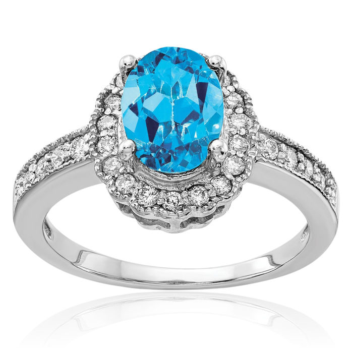 14K Solid White Gold Oval Swiss Blue Topaz Diamond Ring Gemstone Band December Birthstone Jewelry