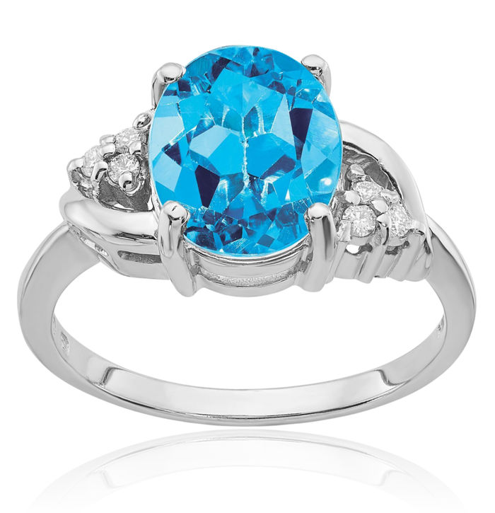 14K Solid White Gold Oval Swiss Blue Topaz Diamond Ring Gemstone Band December Birthstone Jewelry