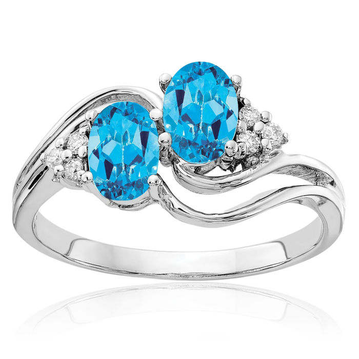 14K Solid White Gold Oval Swiss Blue Topaz Diamond Ring Gemstone Band December Birthstone Jewelry