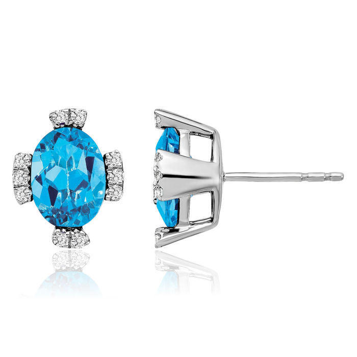 14K Solid White Gold Oval Swiss Blue Topaz Diamond Stud Earrings December Birthstone Jewelry