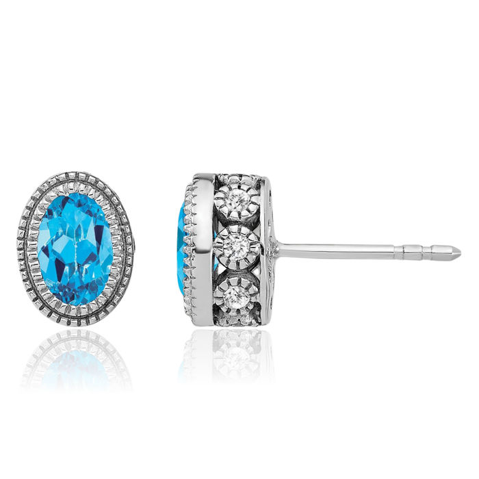 14K Solid White Gold Oval Swiss Blue Topaz Diamond Stud Earrings December Birthstone Jewelry