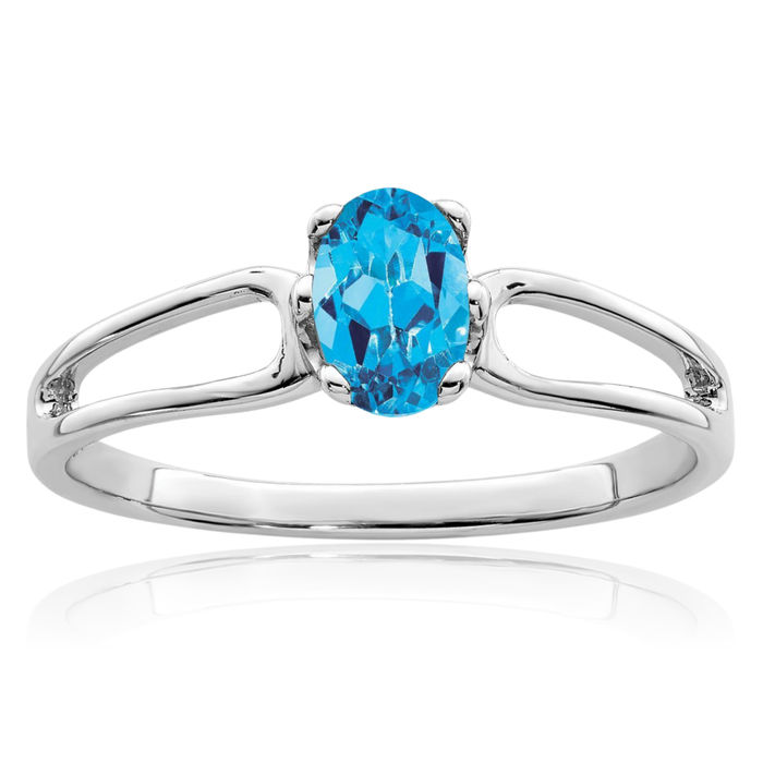 14K Solid White Gold Oval Swiss Blue Topaz Ring Gemstone Band December Birthstone Jewelry