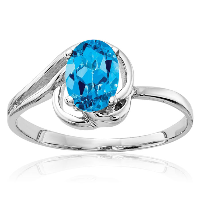 14K Solid White Gold Oval Swiss Blue Topaz Ring Gemstone Band December Birthstone Jewelry