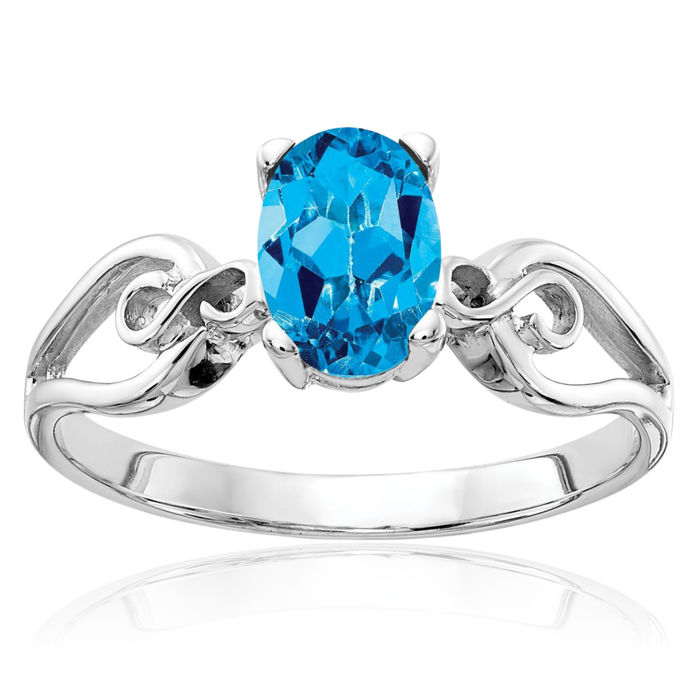 14K Solid White Gold Oval Swiss Blue Topaz Ring Gemstone Band December Birthstone Jewelry