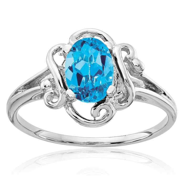 14K Solid White Gold Oval Swiss Blue Topaz Ring Gemstone Band December Birthstone Jewelry