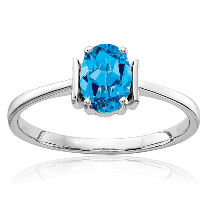 14K Solid White Gold Oval Swiss Blue Topaz Ring Gemstone Band December Birthstone Jewelry