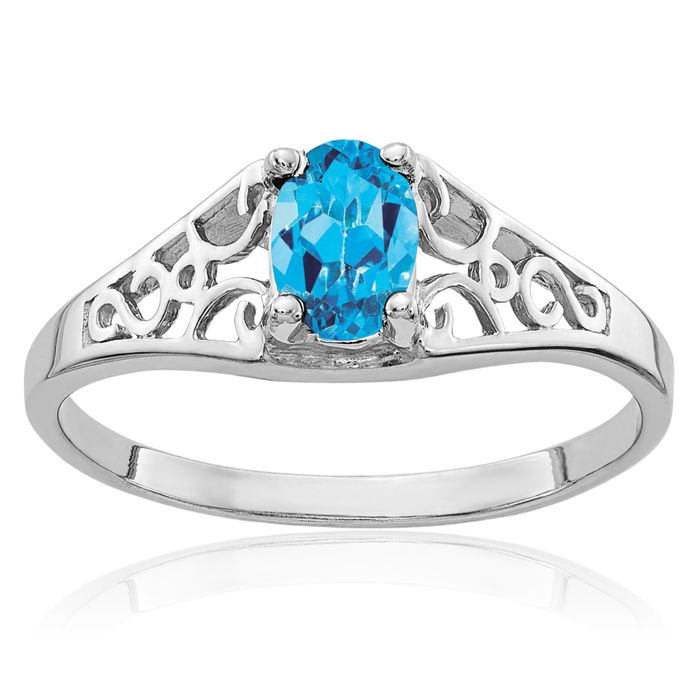 14K Solid White Gold Oval Swiss Blue Topaz Ring Gemstone Band December Birthstone Jewelry