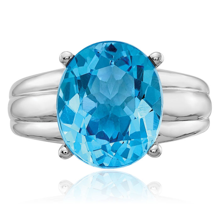 14K Solid White Gold Oval Swiss Blue Topaz Solitaire Ring Gemstone Band December Birthstone Jewelry