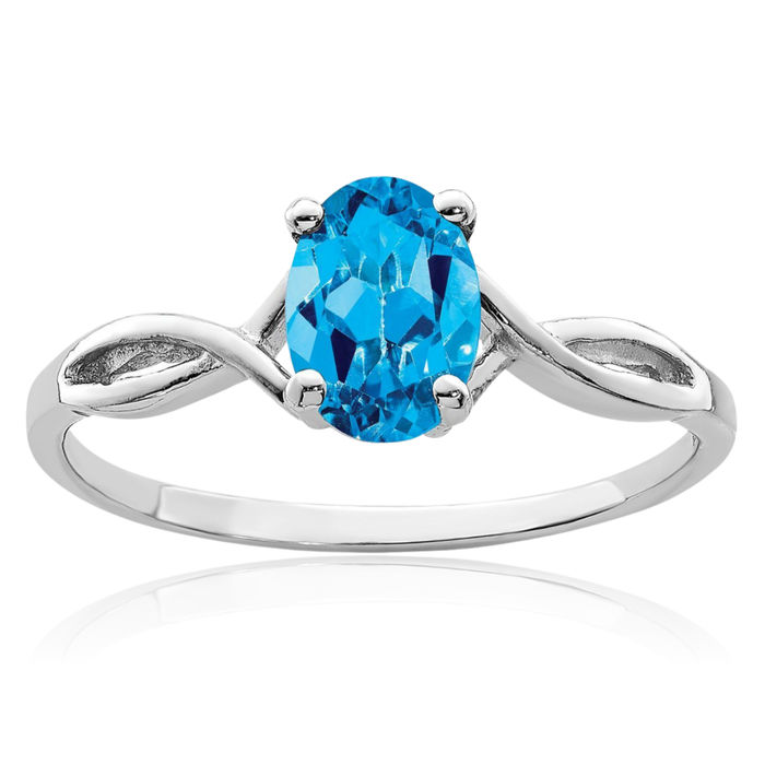 14K Solid White Gold Oval Swiss Blue Topaz Solitaire Ring Gemstone Band December Birthstone Jewelry