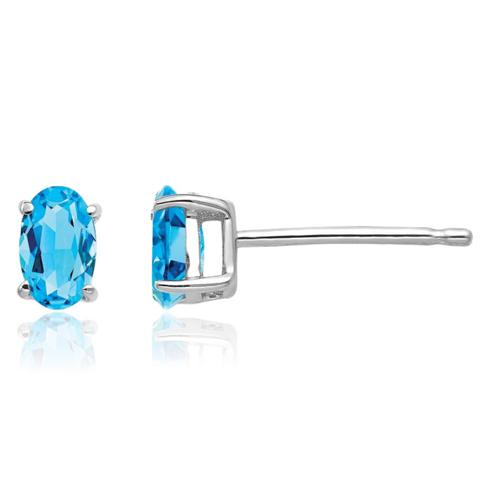 14K Solid White Gold Oval Swiss Blue Topaz Studs Gemstone Solitaire Earrings December Birthstone Jewelry