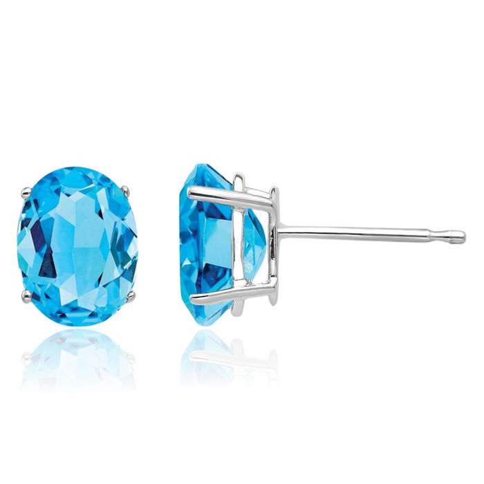 14K Solid White Gold Oval Swiss Blue Topaz Studs Gemstone Solitaire Earrings December Birthstone Jewelry